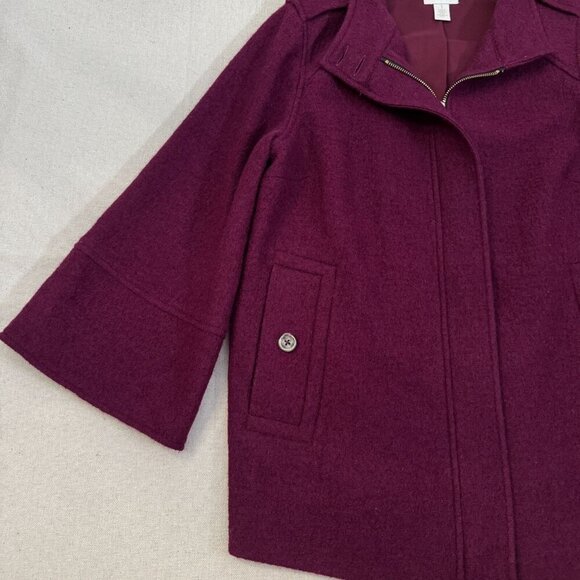 Chicos Burgundy Wool 3/4 Sleeve Full Zip Jacket Button Flap Accents Lined 2 - Picture 5 of 15